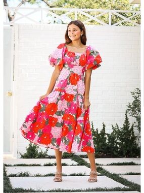 Listicle Pink & Red Floral Puff-Sleeve Midi Dress